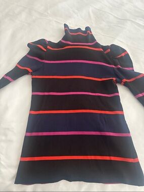 Black Striped Mock Neck Sweater with Pink and Red Stripes
